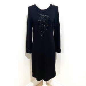 Vintage Frances Brewster Dress Black Beaded Wool Blend Long Sleeve